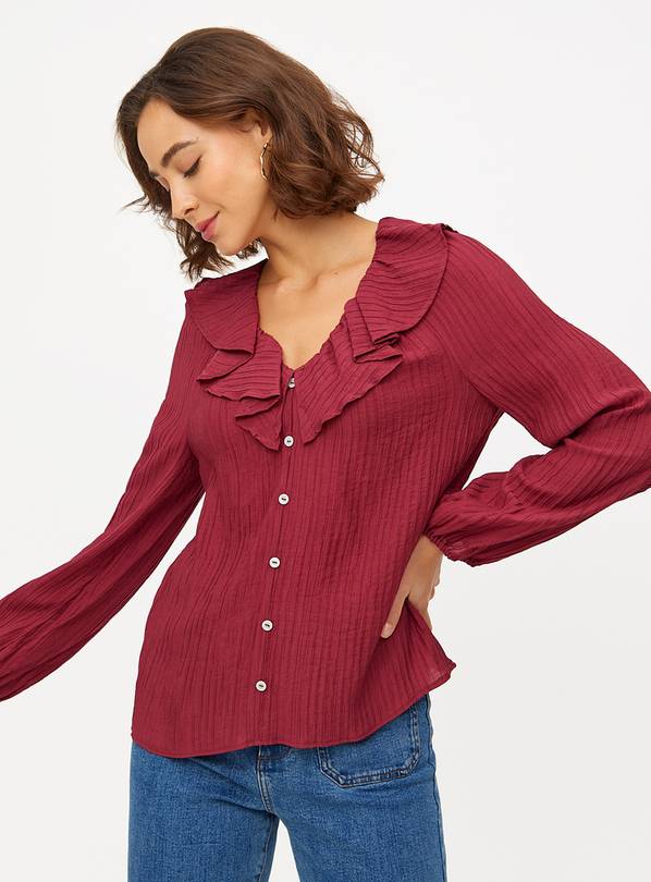Dark Red Frill V Neck Long Sleeve Blouse 18